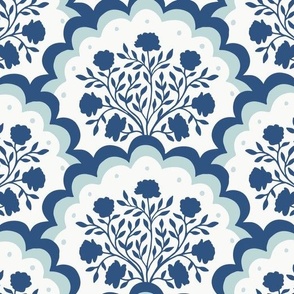 rose | large scale florals in scalloped arches in navy and grey on off white