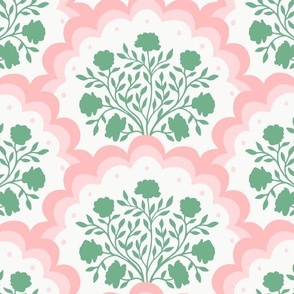 rose | large scale florals in scalloped arches in pinks and green on white