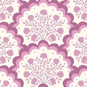 rose | large scale florals in scalloped arches in purples on off white