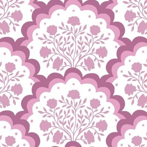 rose | large scale florals in scalloped arches in purples on white