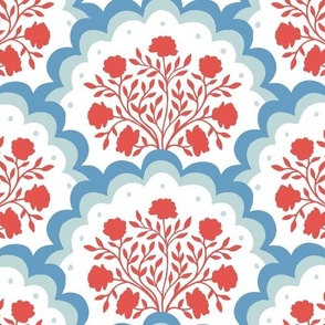 rose | large scale florals in scalloped arches in red and blue on white