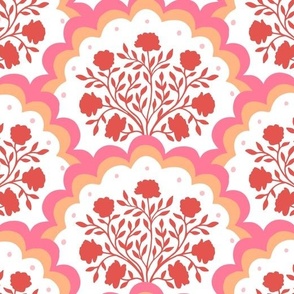 rose | large scale florals in scalloped arches in red orange and pink on white
