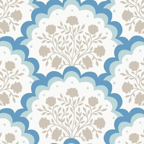 rose | large scale florals in scalloped arches in taupe and blue grey on off white
