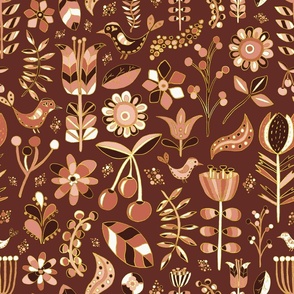 Scandinavian Flowers and Birds Pink and Gold