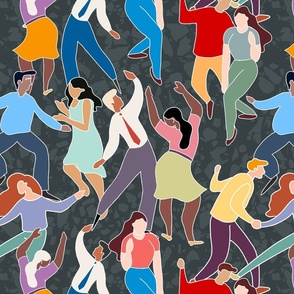 Dancing and celebrating people on dark grey green background - medium scale