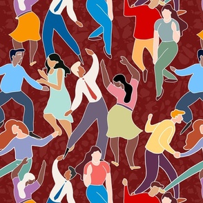 Dancing and celebrating people on burgundy background - medium scale