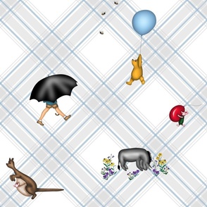 Hundred Acre Wood Characters on Diagonal White, Grey and Blue Tartan