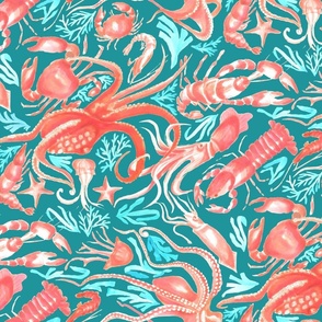 Underwater Creatures And Seaweed in Coral and Aqua large scale