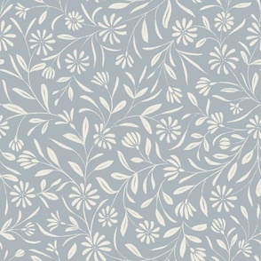 Flowy Textured Floral _ Creamy White_ French Gray Blue_ Pretty Hand Drawn Traditional Elegant Flowers