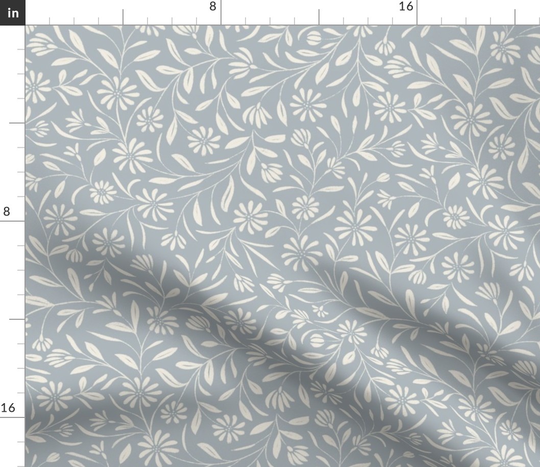 Flowy Textured Floral _ Creamy White_ French Gray Blue_ Pretty Hand Drawn Traditional Elegant Flowers