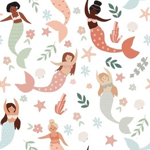 Large Scale // Pretty Pastel Mermaids with Flowers, Botanicals, Seashells and Coral on White