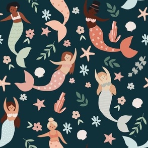 Large Scale // Pretty Pastel Mermaids with Flowers, Botanicals, Seashells and Coral on Navy Blue