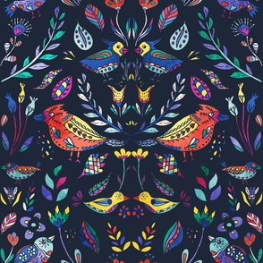 Colorful Maximalist Scandinavian Flowers and Birds Pattern