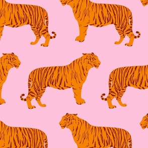 Wild Tiger Orange and Pink Cat Pattern, Medium Scale