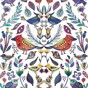 Colorful Maximalist Scandinavian Flowers and Birds Pattern White