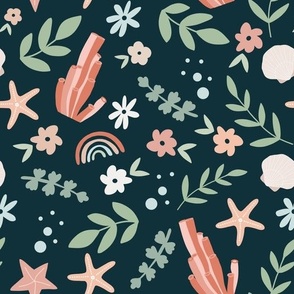 Large Scale //  Flowers, Botanicals, Seashells, Rainbows and Coral on Navy Blue