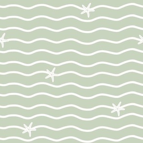 Large Scale // Waves and Starfish on Bright Celadon Green 