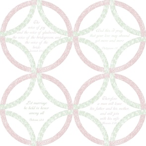 large scale wedding ring quilt Bible verses quilt in delicate pink and green