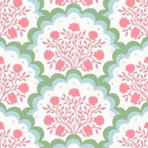 rose | small scale florals in scalloped arches in coral peachy pink and blue green on white
