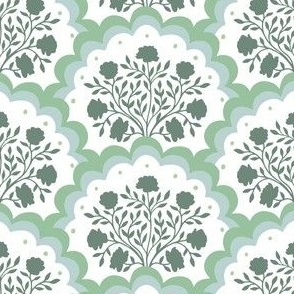 rose | small scale florals in scalloped arches in dark green on white