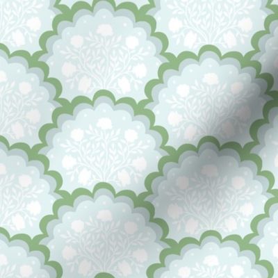 rose | small scale florals in scalloped arches in green and white on blue