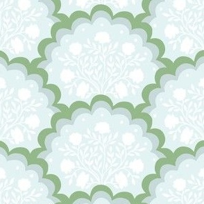 rose | small scale florals in scalloped arches in green and white on blue