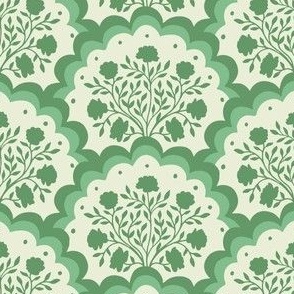 rose | small scale florals in scalloped arches in greens on off white