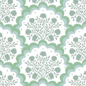 rose | small scale florals in scalloped arches in grey green on white