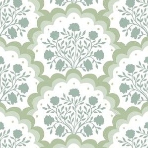 rose | small scale florals in scalloped arches in light green grey on white