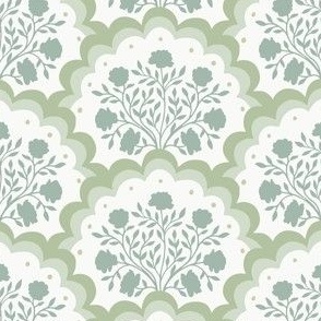 rose | small scale florals in scalloped arches in light grey green on off white