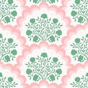 rose | small scale florals in scalloped arches in pinks and green on white
