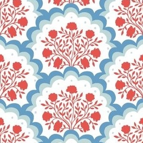 rose | small scale florals in scalloped arches in red and blue on white