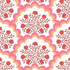 rose | small scale florals in scalloped arches in red orange and pink on white