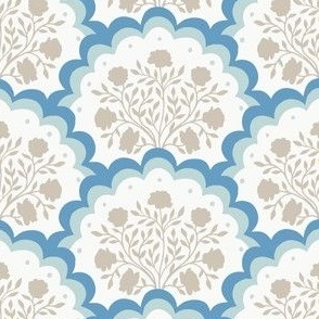 rose | small scale florals in scalloped arches in taupe and blue grey on off white