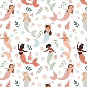 Small Scale // Pretty Pastel Mermaids with Flowers, Botanicals, Seashells and Coral on White