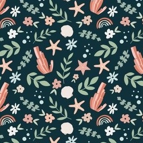 Small Scale //  Flowers, Botanicals, Seashells, Rainbows and Coral on Navy Blue