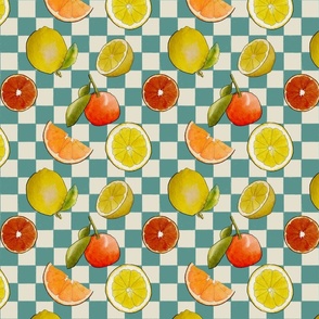 Citrus Squeeze 8in oranges and lemons on turquoise check