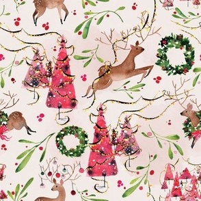 Whimsical Holiday Forest: Reindeer & Pink Christmas Trees with Lights, Ornaments, Wreaths, and Mistletoe. Watercolor and Ink Pattern