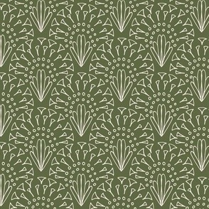 472 - Medium small scaleforest leaves green and cool white fancy lacy hand drawn organic geometric clamshells, for wedding table runners, linen and napkins, elegant wallpaper, bedlinen and sophisticated feminine pillows, curtains and duvet covers. as well