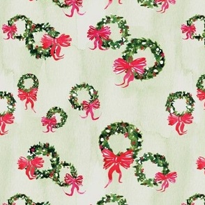 Whimsical Watercolor & Ink Wreaths with Pink Bows and Magenta Berries on Light Green Background