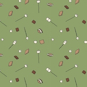S'mores - SMALL SCALE - Marshmallows, Chocolate Bars, Graham Crackers, Roasting Sticks on Light Green Background - Available in multiple colors and scales!