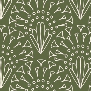 472 - Large scale forest leaves green and cool white fancy lacy hand drawn organic geometric clamshells, for wedding table runners, linen and napkins, elegant wallpaper, bedlinen and sophisticated feminine pillows, curtains and duvet covers.