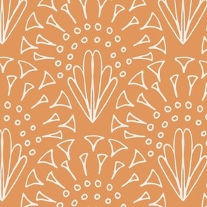 472 - Large scale muted apricot and cream fancy lacy hand drawn organic geometric clamshells, for wedding table runners, linen and napkins, elegant wallpaper, bedlinen and sophisticated feminine pillows, curtains and duvet covers.