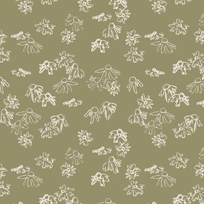 Cottage Core Ditsy Floral | Small Scale | Hand Drawn Forest Flowers | Artistic Woodland Daisies | Artichoke Sage Green & Ivory White
