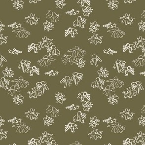 Cottage Core Ditsy Floral | Small Scale | Hand Drawn Forest Flowers | Artistic Woodland Daisies | Olive Green & Ivory White