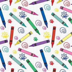 Crayons and drawings on graph paper pattern