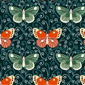Butterfly Grove: Orange and Green Butterflies with a Background of  Vines - Nature-inspired (Large Scale)