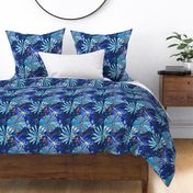 Colorful abstract tropical pattern. Red, blue flowers and leaves on dark blue grunge background.