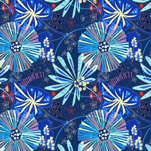 Colorful abstract tropical pattern. Red, blue flowers and leaves on dark blue grunge background.