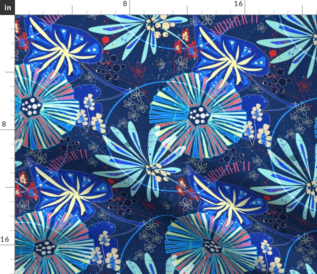 Colorful abstract tropical pattern. Red, blue flowers and leaves on dark blue grunge background.